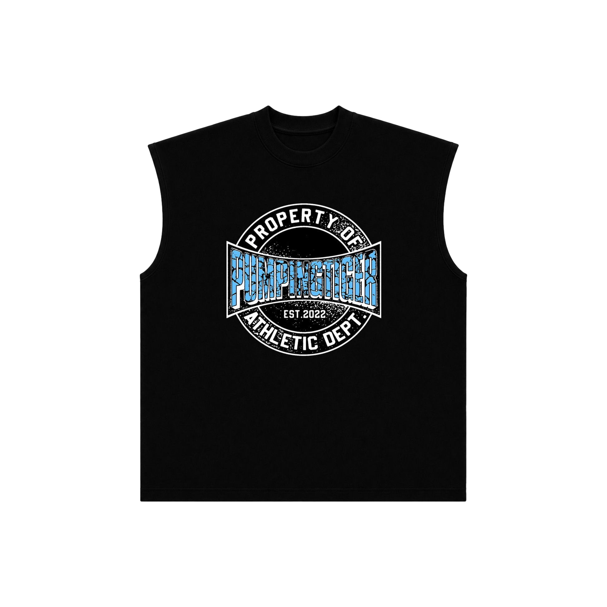 PUMPINGTIGER Athletic Department Black Oversized Tank for men featuring a vintage varsity-inspired graphic on premium 240 GSM French Terry cotton with an oversized boxy fit.
