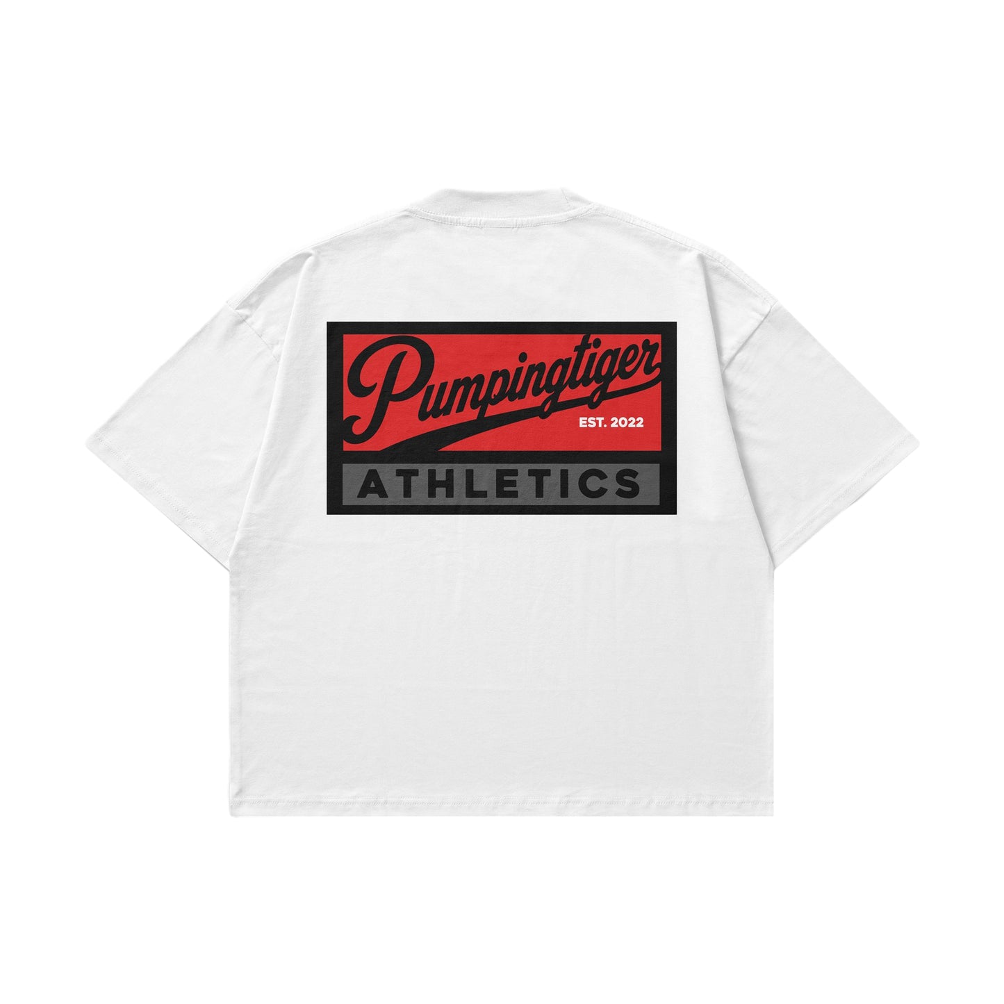 PUMPINGTIGER Athletics Back Print White Oversized T-Shirt back view featuring the Athletics graphic on 240 GSM French Terry cotton.
