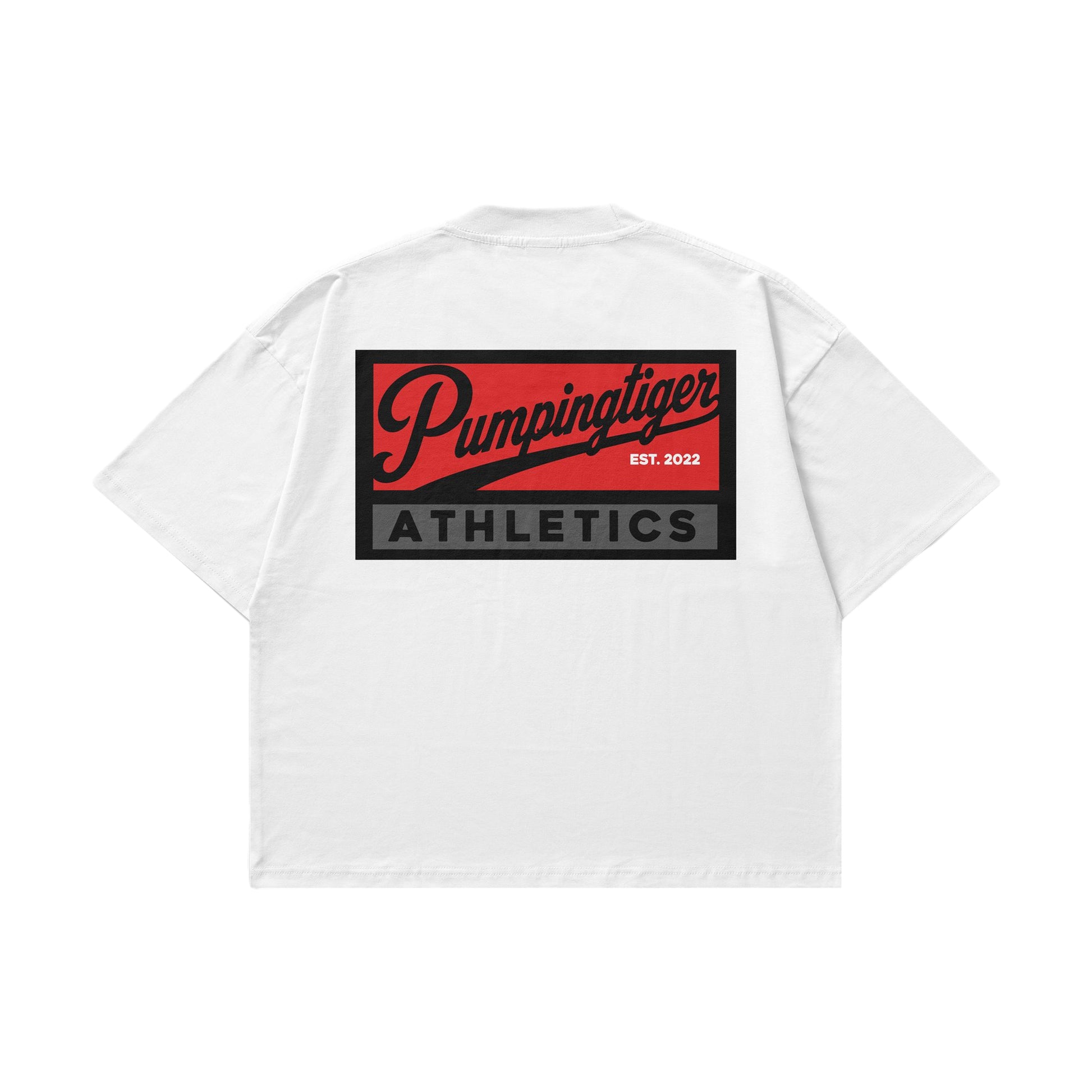 PUMPINGTIGER Athletics Back Print White Oversized T-Shirt back view featuring the Athletics graphic on 240 GSM French Terry cotton.