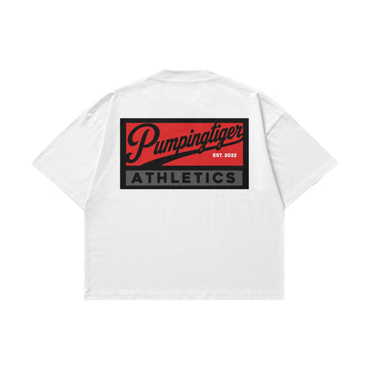 PUMPINGTIGER Athletics Back Print White Oversized T-Shirt back view featuring the Athletics graphic on 240 GSM French Terry cotton.