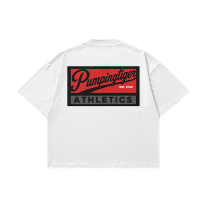 PUMPINGTIGER Athletics Back Print White Oversized T-Shirt back view featuring the signature Athletics graphic.