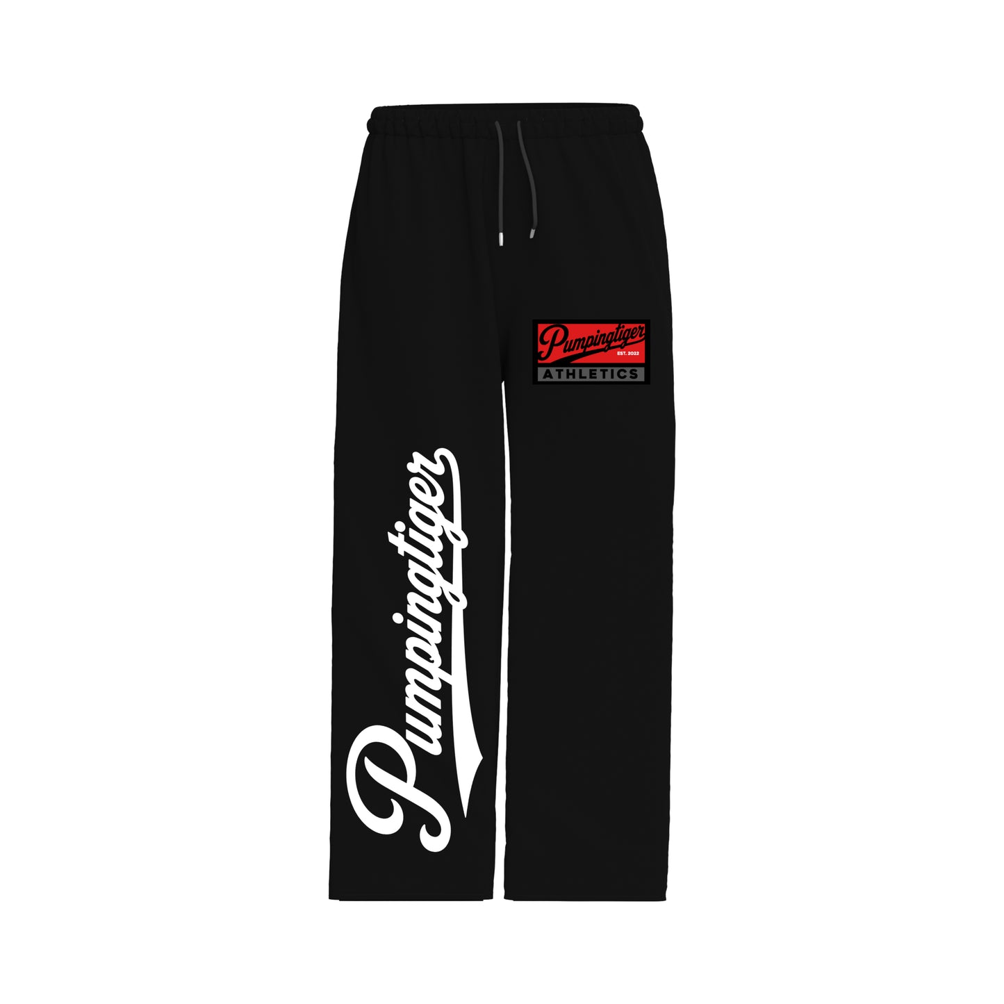 PUMPINGTIGER Athletics Black Sweatpants front view with oversized Pumpingtiger leg graphic and Athletics logo.