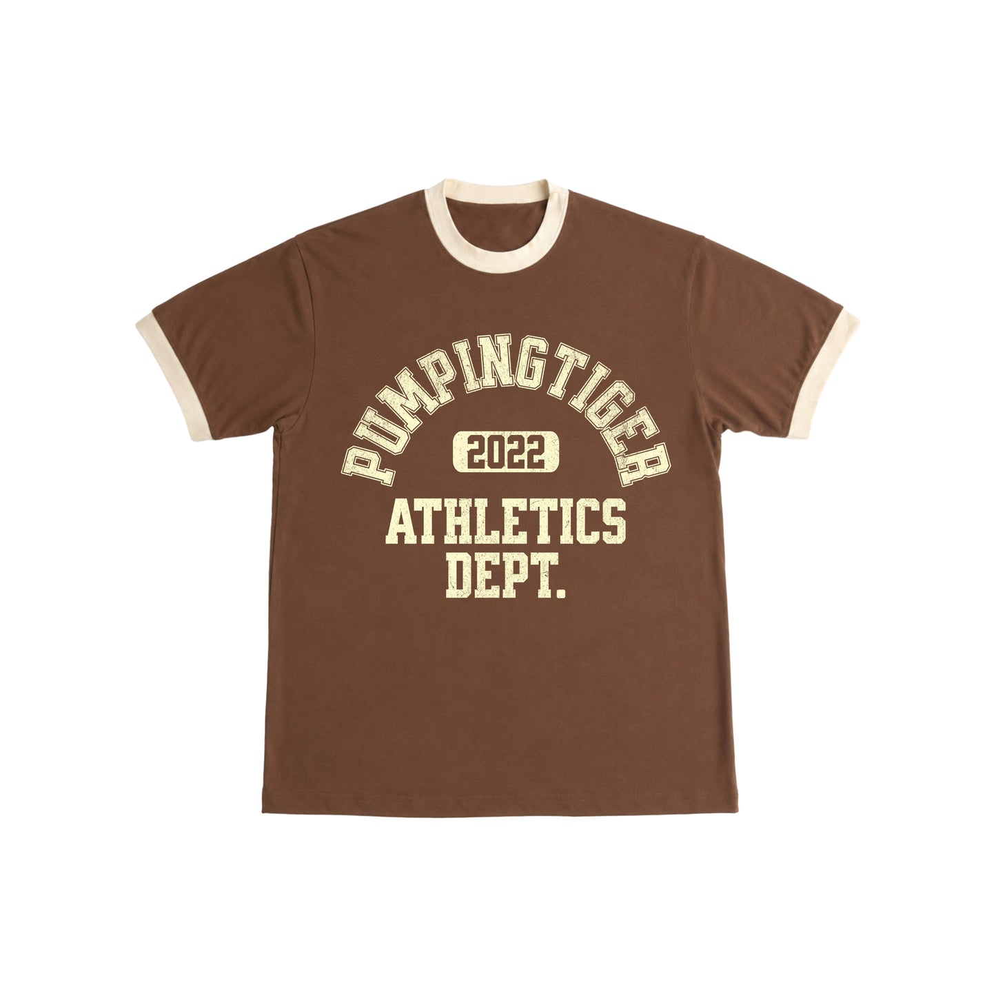 PUMPINGTIGER Athletics Dept. Ringer T-Shirt in Mousse & Cream front view with vintage varsity graphic.