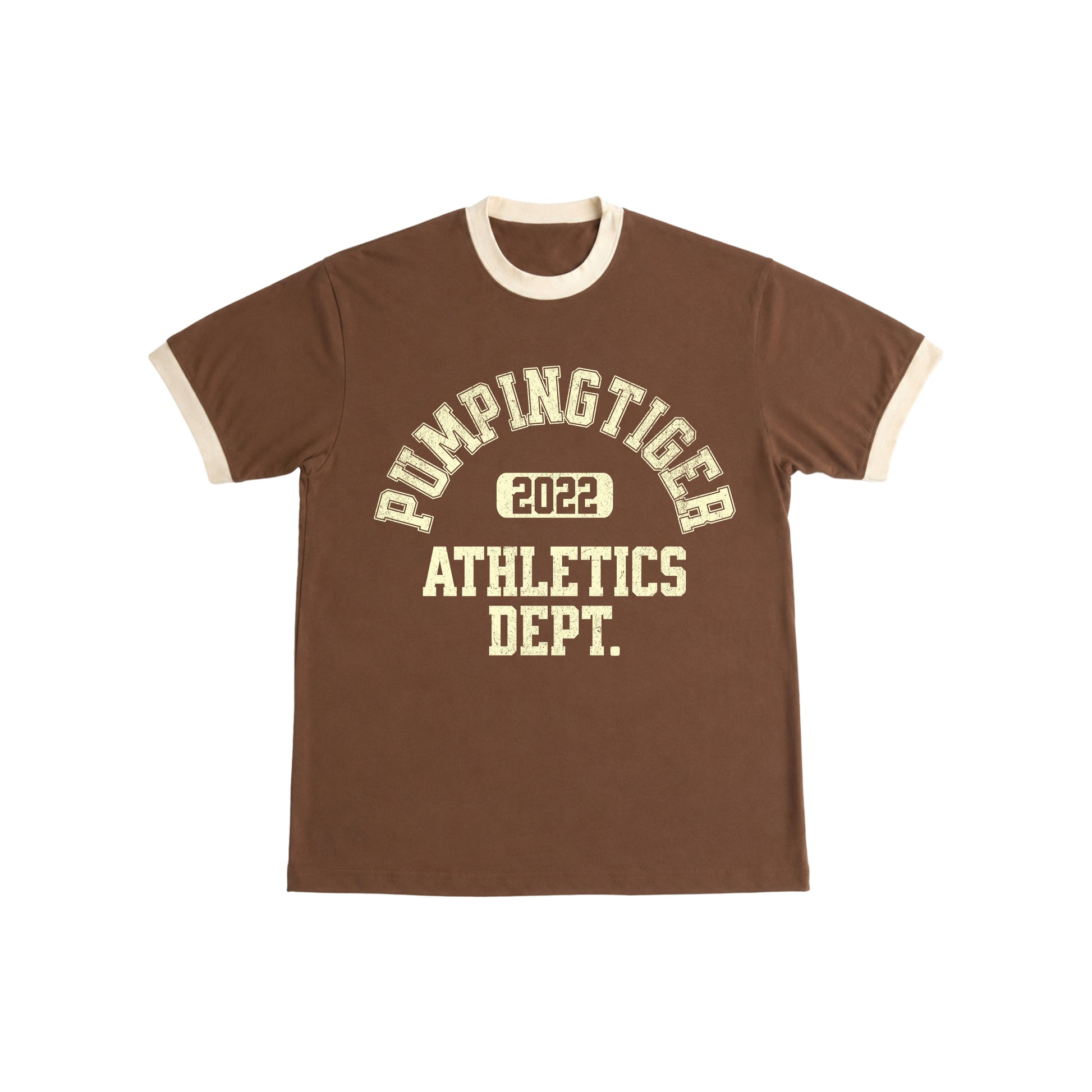 PUMPINGTIGER Athletics Dept. Ringer T-Shirt in Mousse & Cream front view with vintage varsity graphic.