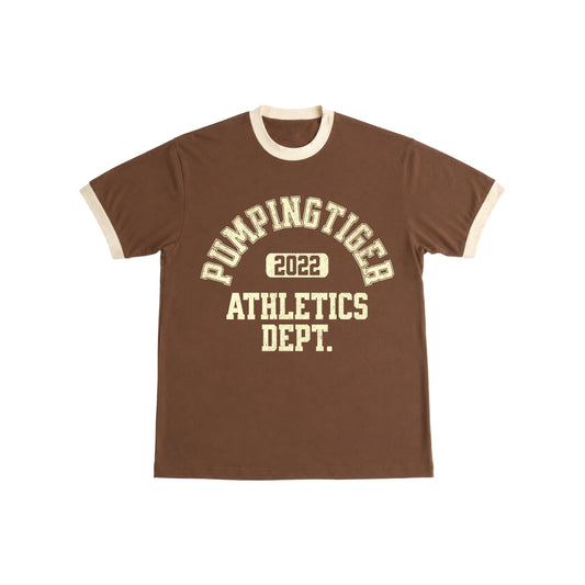 PUMPINGTIGER Athletics Dept. Ringer T-Shirt in Mousse & Cream front view with vintage varsity graphic.
