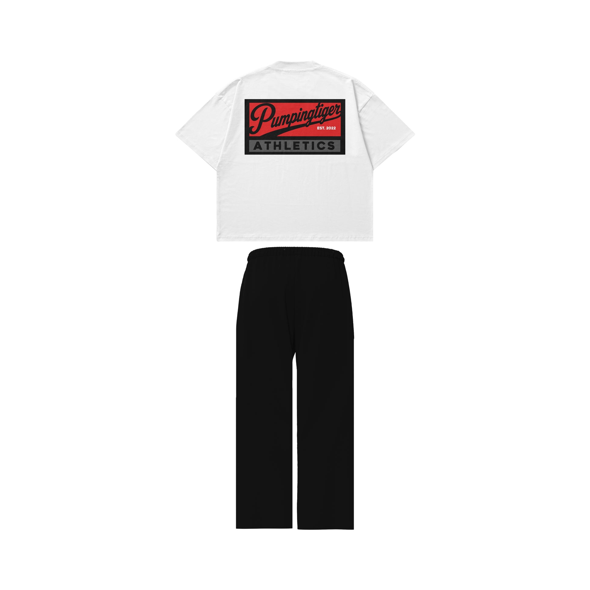 PUMPINGTIGER Athletics Set back view featuring the Athletics Back Print White Oversized T-Shirt and Athletics Black Sweatpants.