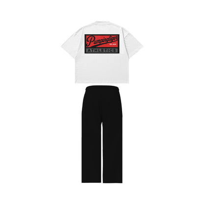 PUMPINGTIGER Athletics Set back view featuring the Athletics Back Print White Oversized T-Shirt and Athletics Black Sweatpants.