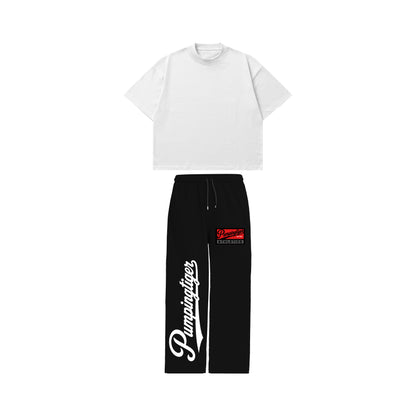 PUMPINGTIGER Athletics Set front view featuring the Athletics Back Print White Oversized T-Shirt and Athletics Black Sweatpants.