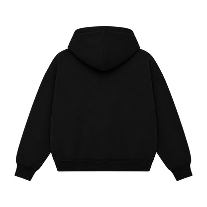Back view of black boxy hoodie in 360 GSM 100% cotton fleece by PUMPINGTIGER