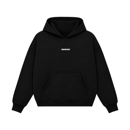 Black boxy hoodie in 360 GSM 100% cotton fleece by PUMPINGTIGER