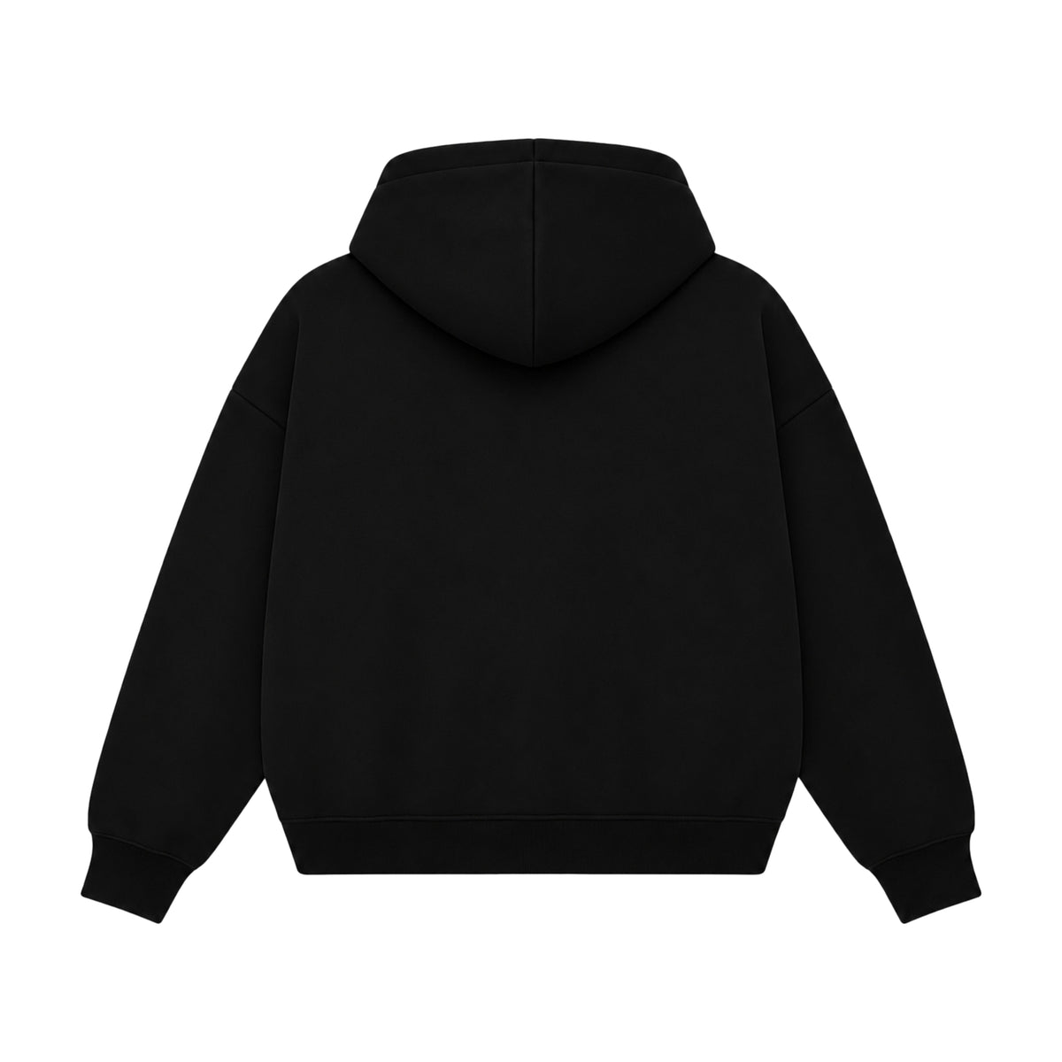 Back view of black boxy zipped hoodie in 360 GSM 100% cotton fleece by PUMPINGTIGER