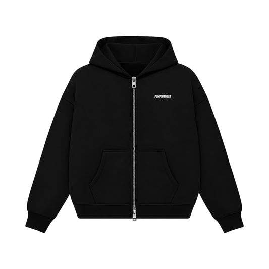 Black boxy zipped hoodie in 360 GSM 100% cotton fleece by PUMPINGTIGER