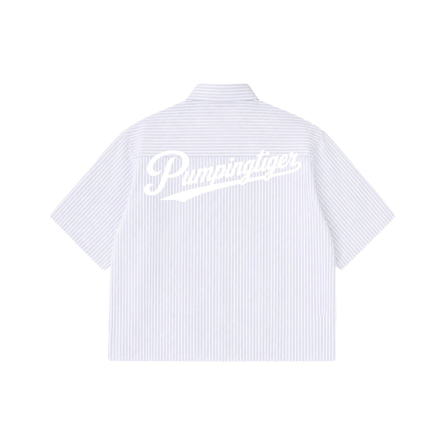 PUMPINGTIGER Blue Stripe Oxford Boxy Shirt in 160 GSM 100% cotton featuring oversized white script logo on the back