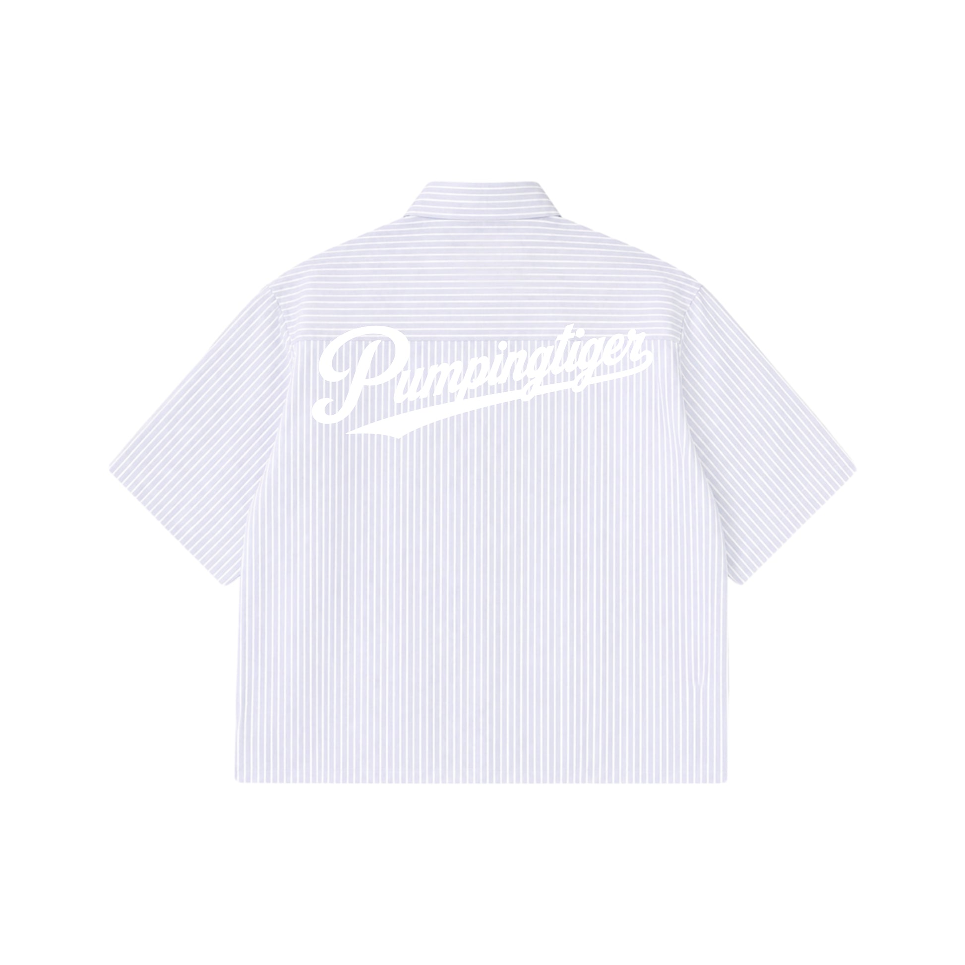 PUMPINGTIGER Blue Stripe Oxford Boxy Shirt in 160 GSM 100% cotton featuring oversized white script logo on the back