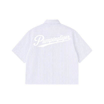 PUMPINGTIGER Blue Stripe Oxford Boxy Shirt in 160 GSM 100% cotton featuring oversized white script logo on the back