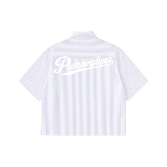 PUMPINGTIGER Blue Stripe Oxford Boxy Shirt in 160 GSM 100% cotton featuring oversized white script logo on the back