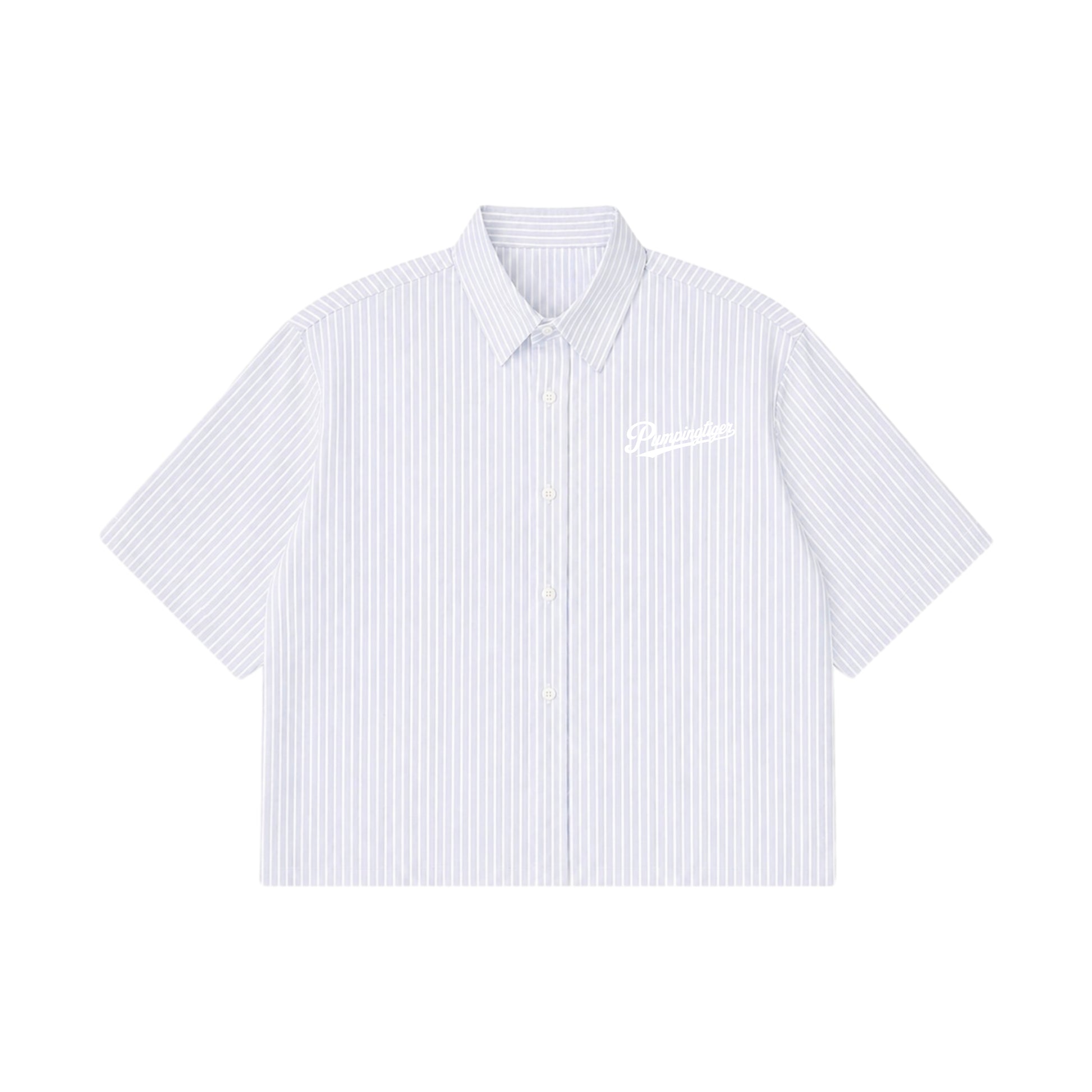 PUMPINGTIGER Blue Stripe Oxford Boxy Shirt in 160 GSM 100% cotton with signature white chest logo