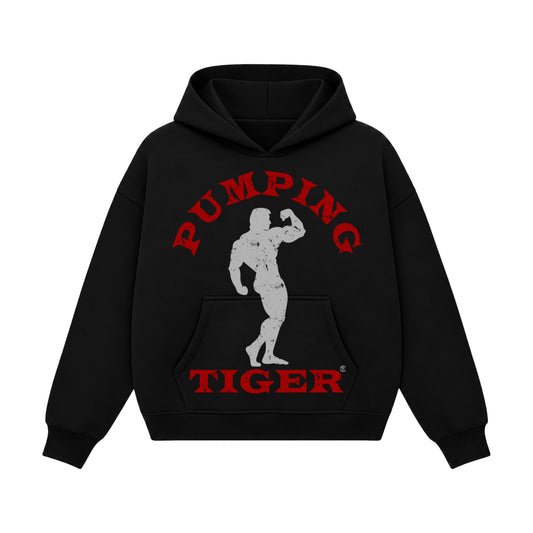PUMPINGTIGER Classic Bodybuilding black boxy hoodie featuring a distressed grey bodybuilder silhouette with bold red PUMPING TIGER typography