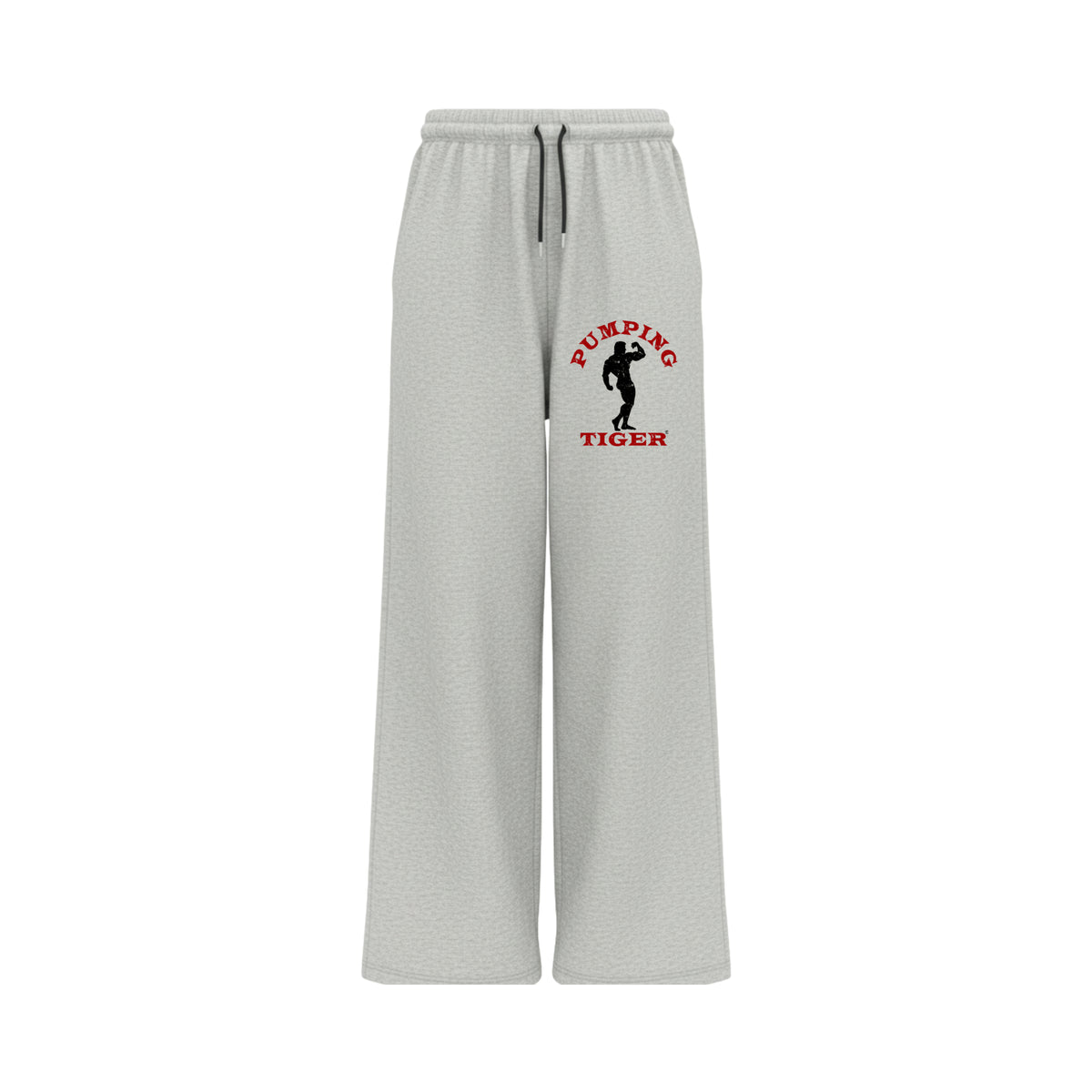 PUMPINGTIGER Classic Bodybuilding Grey Baggy Fit Sweatpants featuring a red and black bodybuilder graphic, elasticated waistband and black drawstrings.