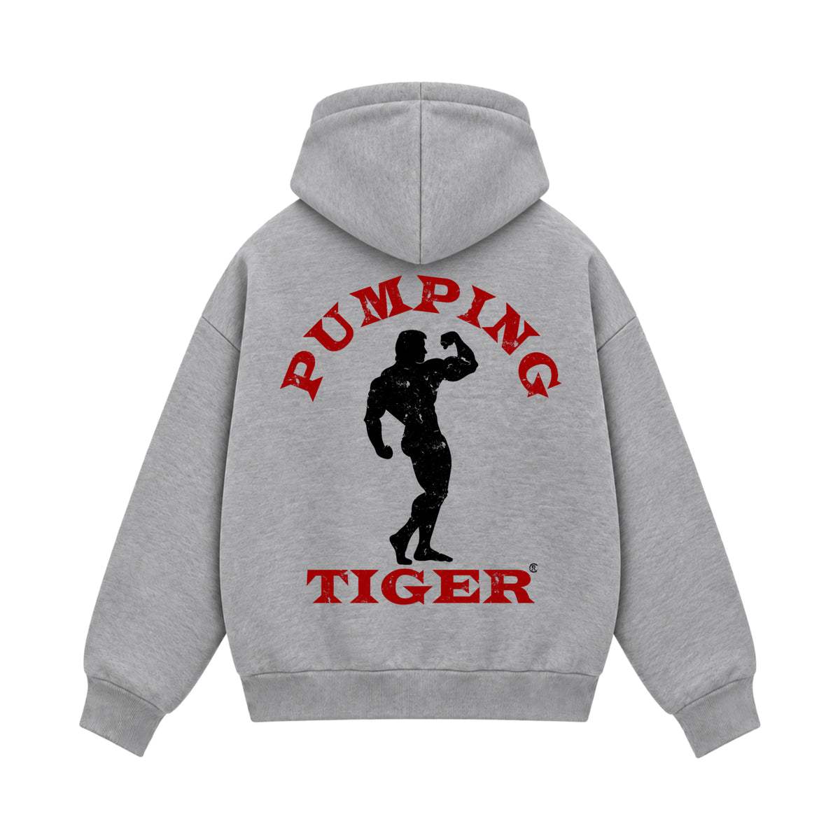 PUMPINGTIGER Classic Bodybuilding grey boxy zipper hoodie featuring a large vintage bodybuilder silhouette with distressed red typography