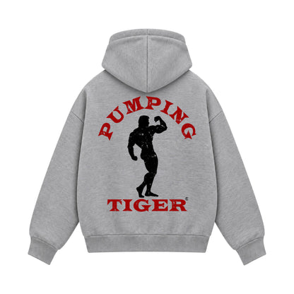 PUMPINGTIGER Classic Bodybuilding grey boxy zipper hoodie featuring a large vintage bodybuilder silhouette with distressed red typography