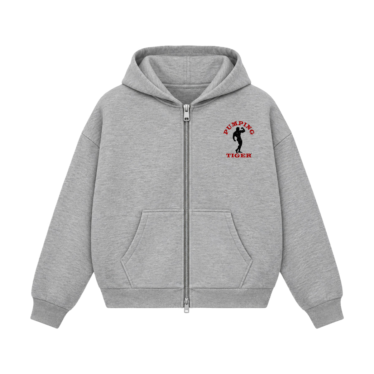 PUMPINGTIGER Classic Bodybuilding grey boxy zipper hoodie featuring a red and black bodybuilder logo on the chest