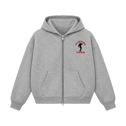 PUMPINGTIGER Classic Bodybuilding grey boxy zipper hoodie featuring a red and black bodybuilder logo on the chest