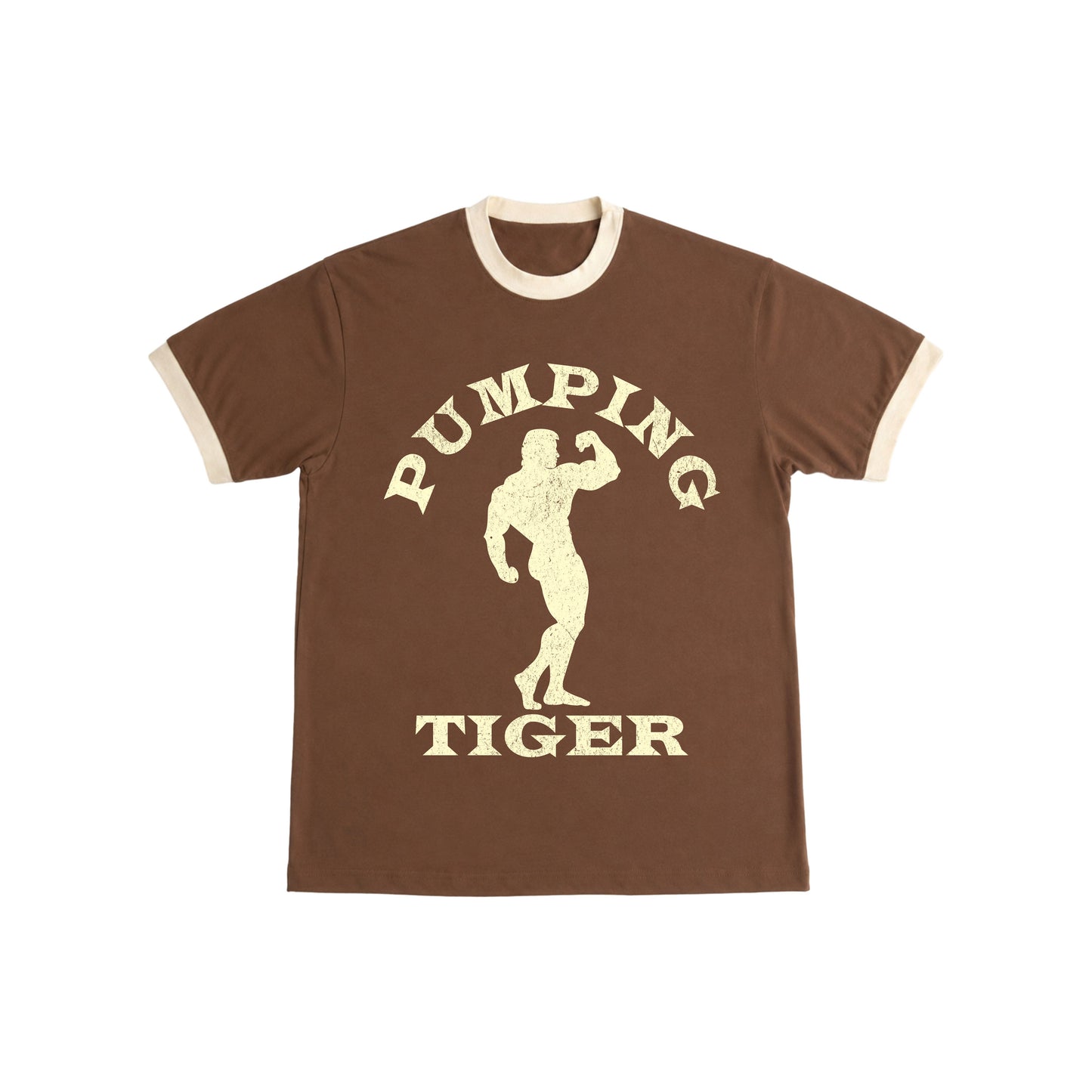 PUMPINGTIGER Classic Bodybuilding Ringer T-Shirt in Mousse & Cream featuring a vintage bodybuilding graphic, 220 GSM fabric, regular fit, and contrast ringer details.