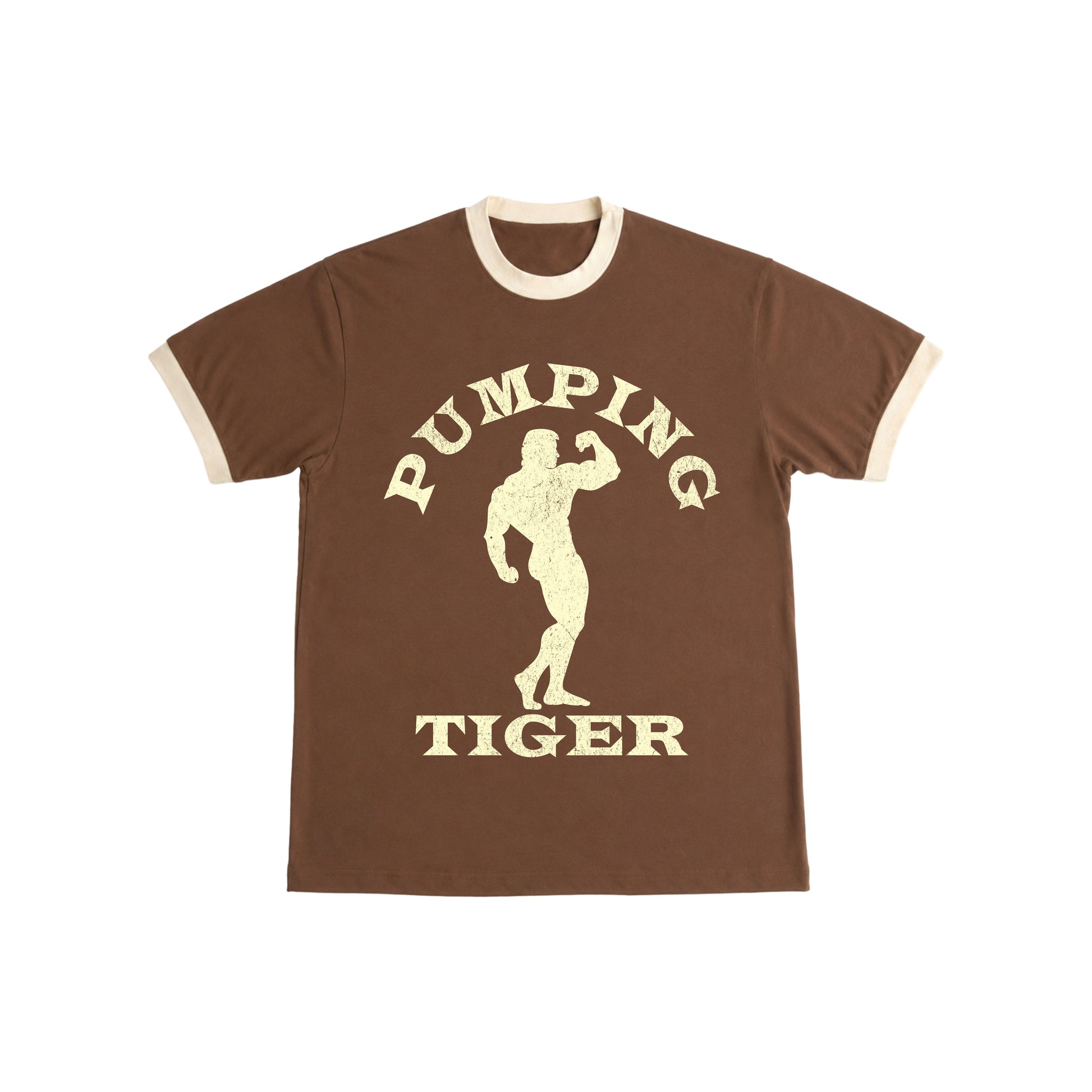 PUMPINGTIGER Classic Bodybuilding Ringer T-Shirt in Mousse & Cream featuring a vintage bodybuilding graphic, 220 GSM fabric, regular fit, and contrast ringer details.