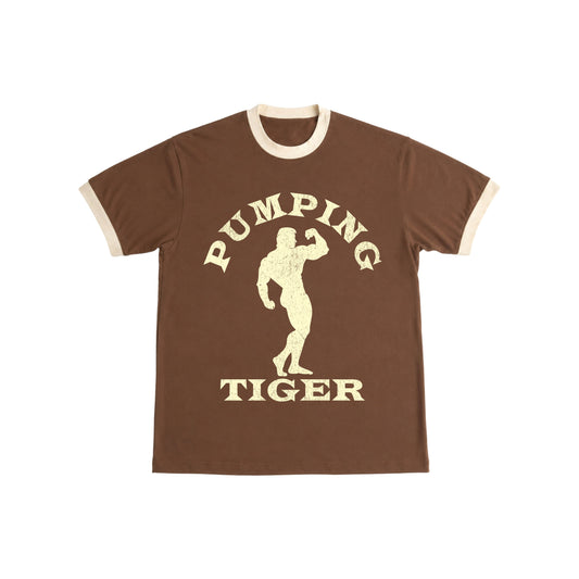 PUMPINGTIGER Classic Bodybuilding Ringer T-Shirt in Mousse & Cream featuring a vintage bodybuilding graphic, 220 GSM fabric, regular fit, and contrast ringer details.