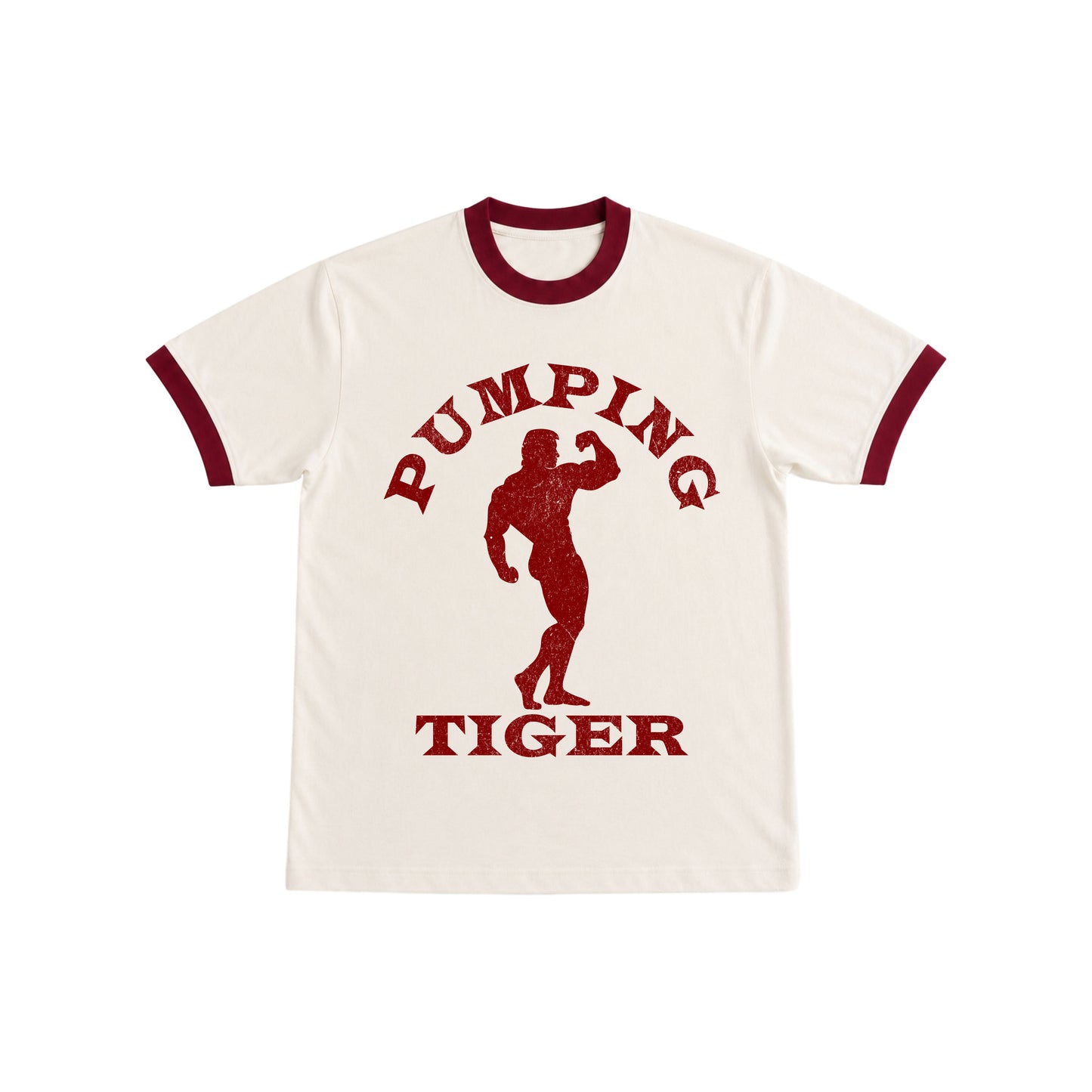 PUMPINGTIGER Classic Bodybuilding Ringer T-Shirt in Off White & Maroon featuring a vintage bodybuilding graphic, 220 GSM fabric, regular fit, and contrast ringer details.