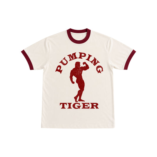 PUMPINGTIGER Classic Bodybuilding Ringer T-Shirt in Off White & Maroon featuring a vintage bodybuilding graphic, 220 GSM fabric, regular fit, and contrast ringer details.