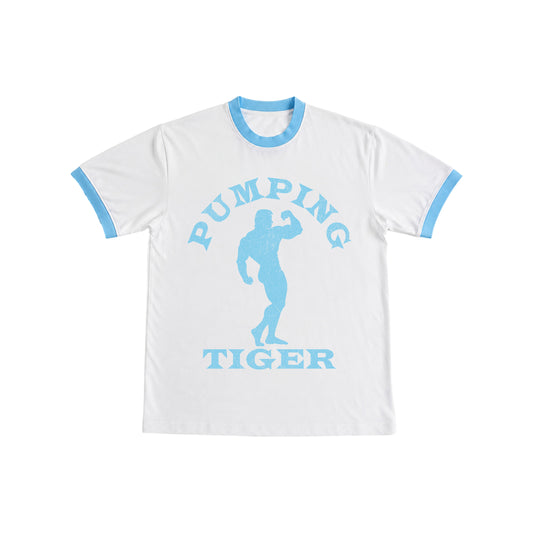 PUMPINGTIGER Classic Bodybuilding Ringer T-Shirt in White & Sky Blue featuring a vintage bodybuilding graphic, 220 GSM fabric, regular fit, and contrast ringer details.