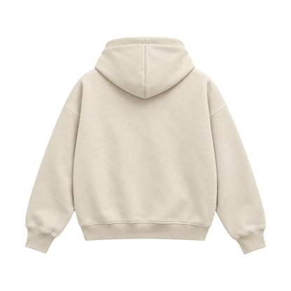 Back view of cream boxy hoodie in 360 GSM 100% cotton fleece by PUMPINGTIGER
