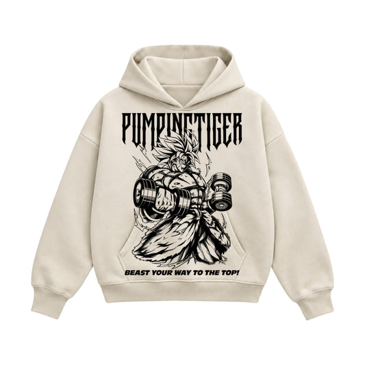 PUMPINGTIGER x Dragon Ball Z Broly cream boxy hoodie featuring a monochrome Broly bodybuilding graphic and Beast Your Way to the Top slogan