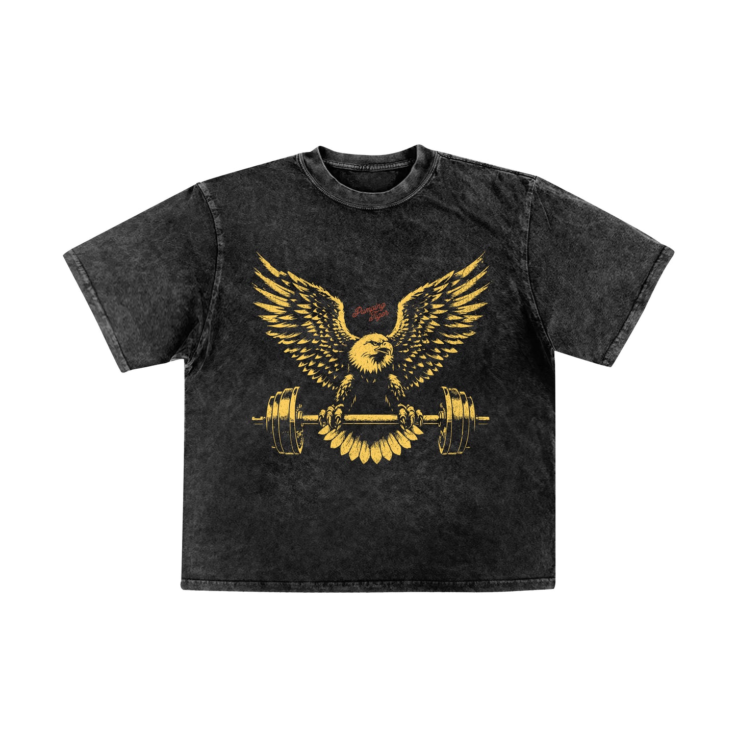 Black Eagle Graphic Acid Wash Oversized T-Shirt in 240 GSM French Terry Cotton featuring a vintage gold eagle lifting a barbell graphic.