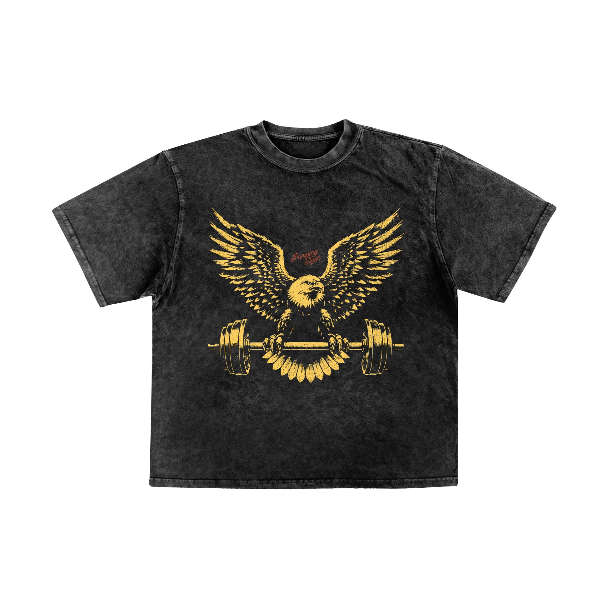Black Eagle Graphic Acid Wash Oversized T-Shirt in 240 GSM French Terry Cotton featuring a vintage gold eagle lifting a barbell graphic.