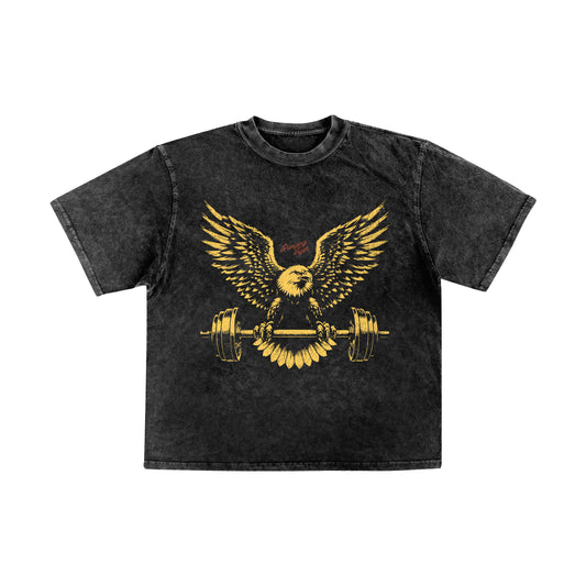 Black Eagle Graphic Acid Wash Oversized T-Shirt in 240 GSM French Terry Cotton featuring a vintage gold eagle lifting a barbell graphic.