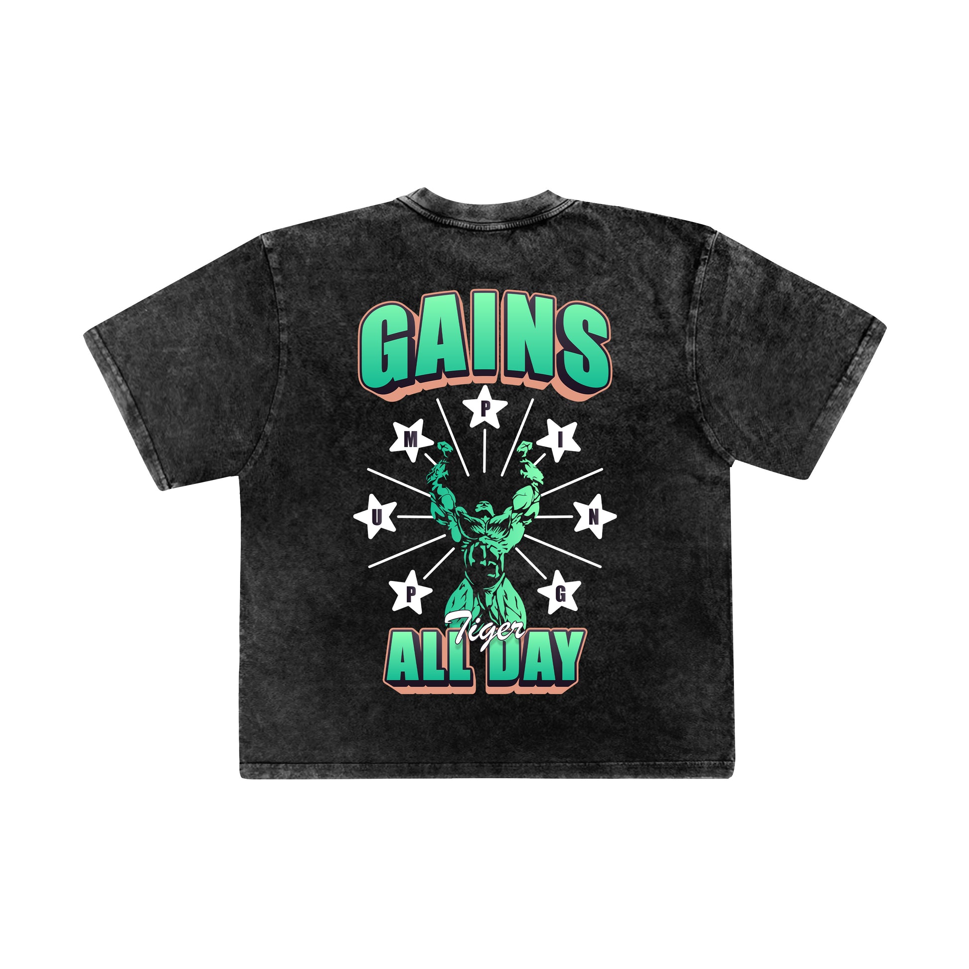 pumpingtiger Gains All Day Acid Wash Oversized T-Shirt back view featuring a bold bodybuilding graphic on black acid wash 240 GSM French Terry cotton.