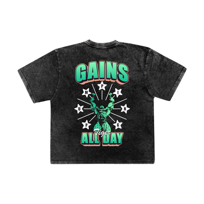 pumpingtiger Gains All Day Acid Wash Oversized T-Shirt back view featuring a bold bodybuilding graphic on black acid wash 240 GSM French Terry cotton.
