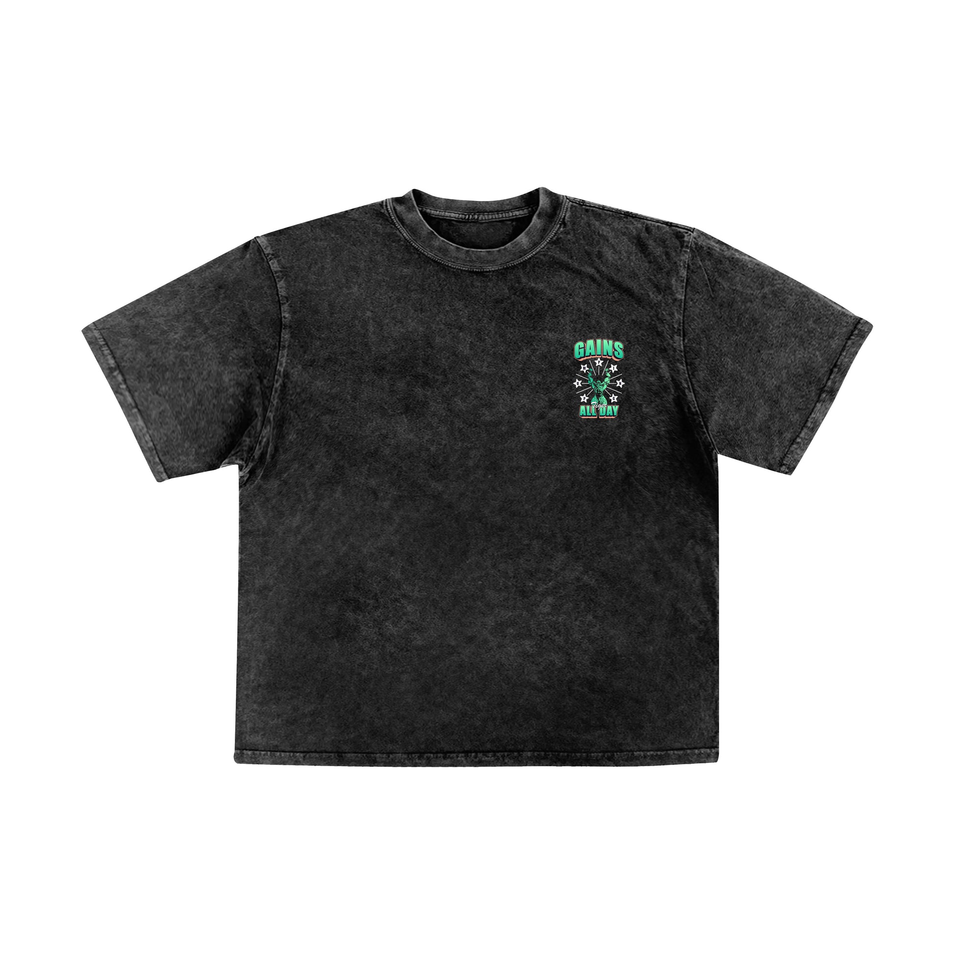 pumpingtiger Gains All Day Acid Wash Oversized T-Shirt front view in black made from premium 240 GSM French Terry cotton with an oversized fit.