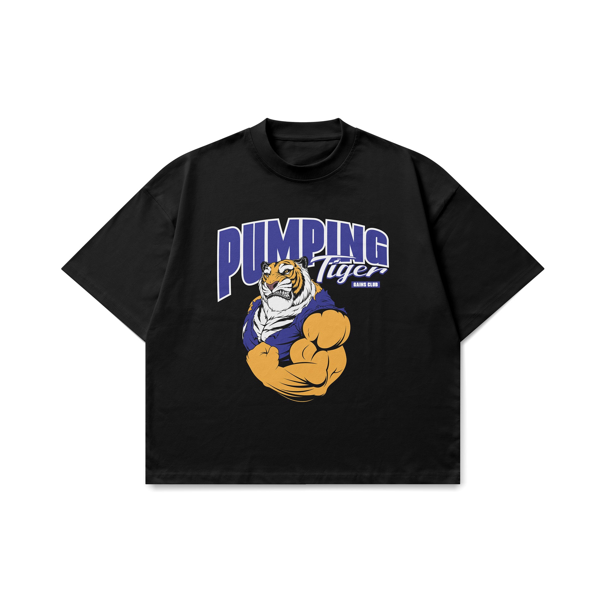 Pumpingtiger Gains Club Black Oversized T-Shirt featuring a bold tiger graphic, made from premium 240 GSM French Terry cotton with an oversized fit.