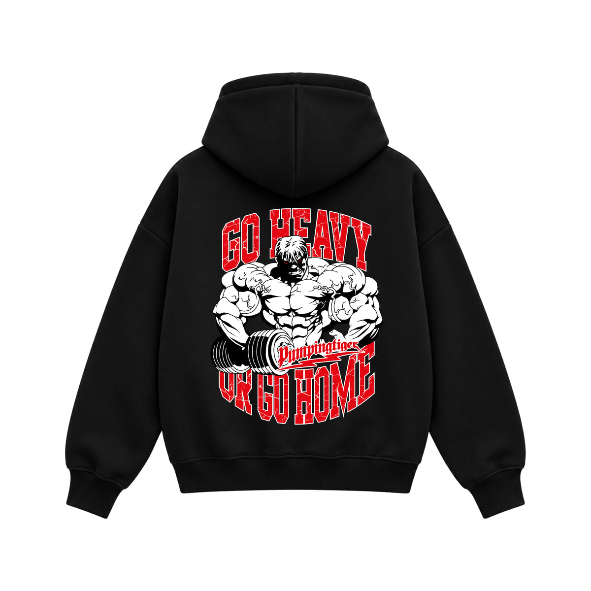 Back view of Go Heavy Or Go Home black boxy zipper hoodie featuring muscular bodybuilder artwork and bold red and white typography