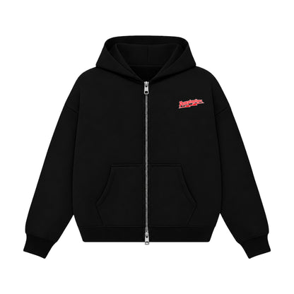 Go Heavy Or Go Home black boxy zipper hoodie with PUMPINGTIGER chest logo