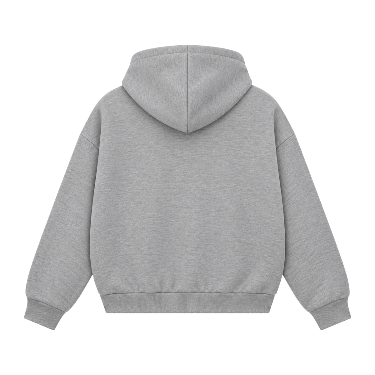 Back view of grey boxy zipped hoodie in 360 GSM 100% cotton fleece by PUMPINGTIGER