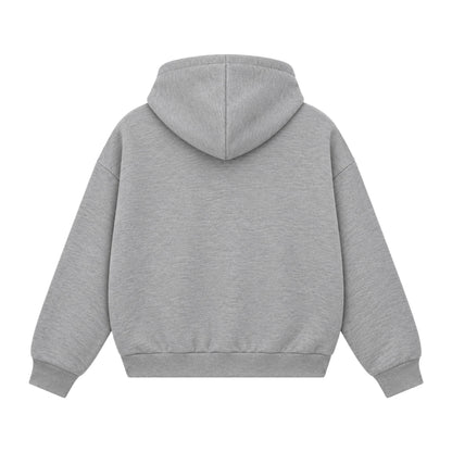 Back view of grey boxy zipped hoodie in 360 GSM 100% cotton fleece by PUMPINGTIGER