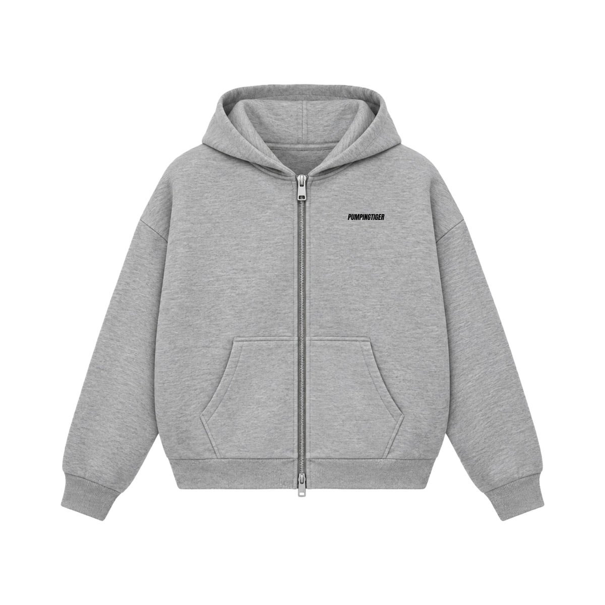 Grey boxy zipped hoodie in 360 GSM 100% cotton fleece by PUMPINGTIGER