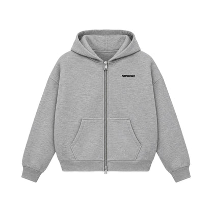 Grey boxy zipped hoodie in 360 GSM 100% cotton fleece by PUMPINGTIGER