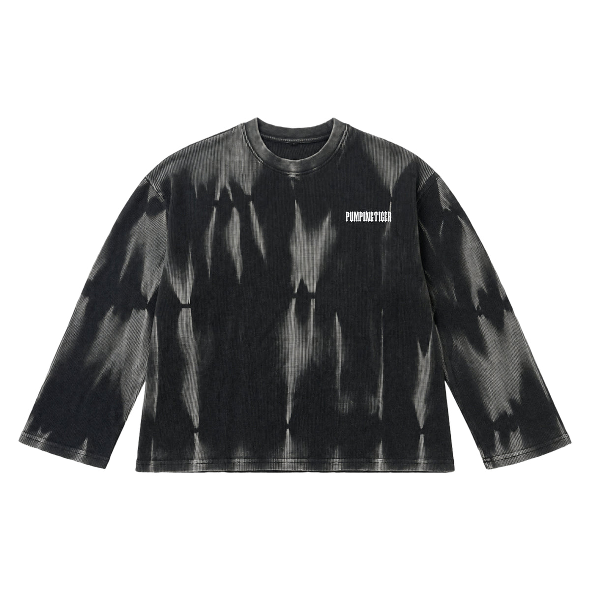 Black and grey hammer wash waffle oversized full sleeve top in 240 GSM 100% cotton by PUMPINGTIGER