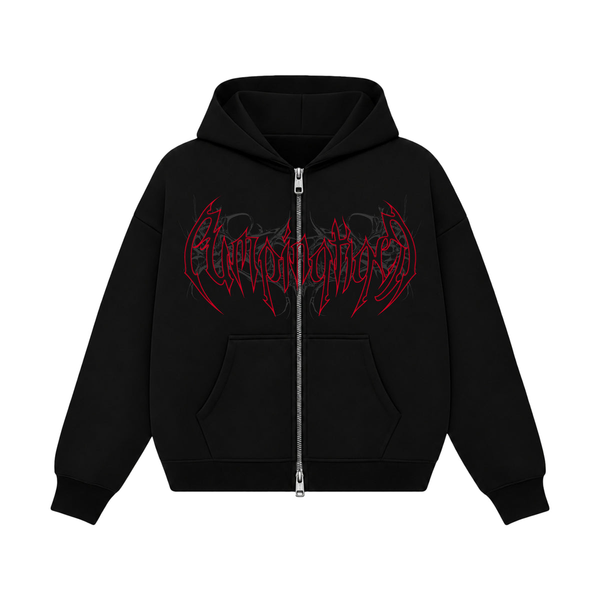 PUMPINGTIGER Hellbreed black boxy zipper hoodie featuring aggressive red gothic typography and dark graphic artwork across the front